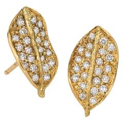 John Iversen White Diamond Gold Boxwood Stud Earrings