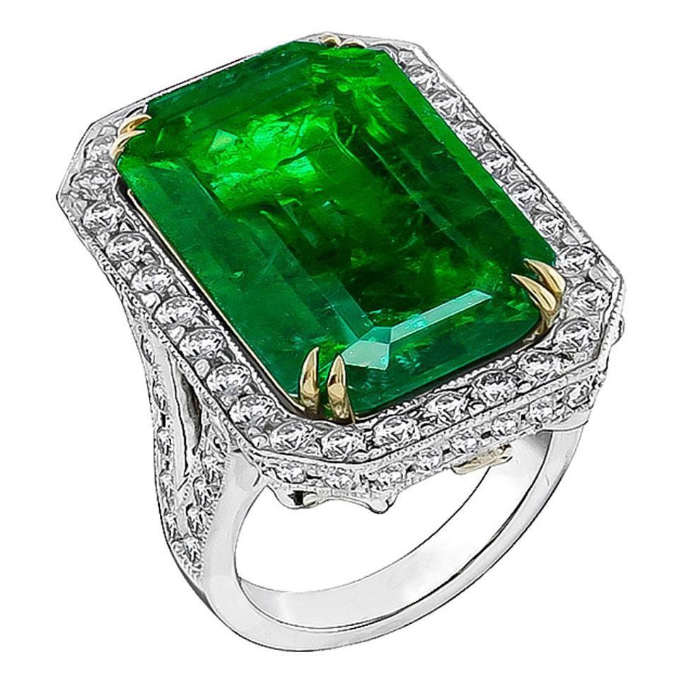 Awesome 17.75 Carat Emerald Diamond Platinum Cocktail Ring For Sale at