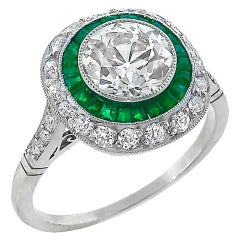 1.71 Carat Old European Cut Diamond Emerald Double Halo Ring
