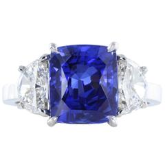 4.13 Carat No Heat Burma Sapphire Diamond Platinum Three-Stone Ring