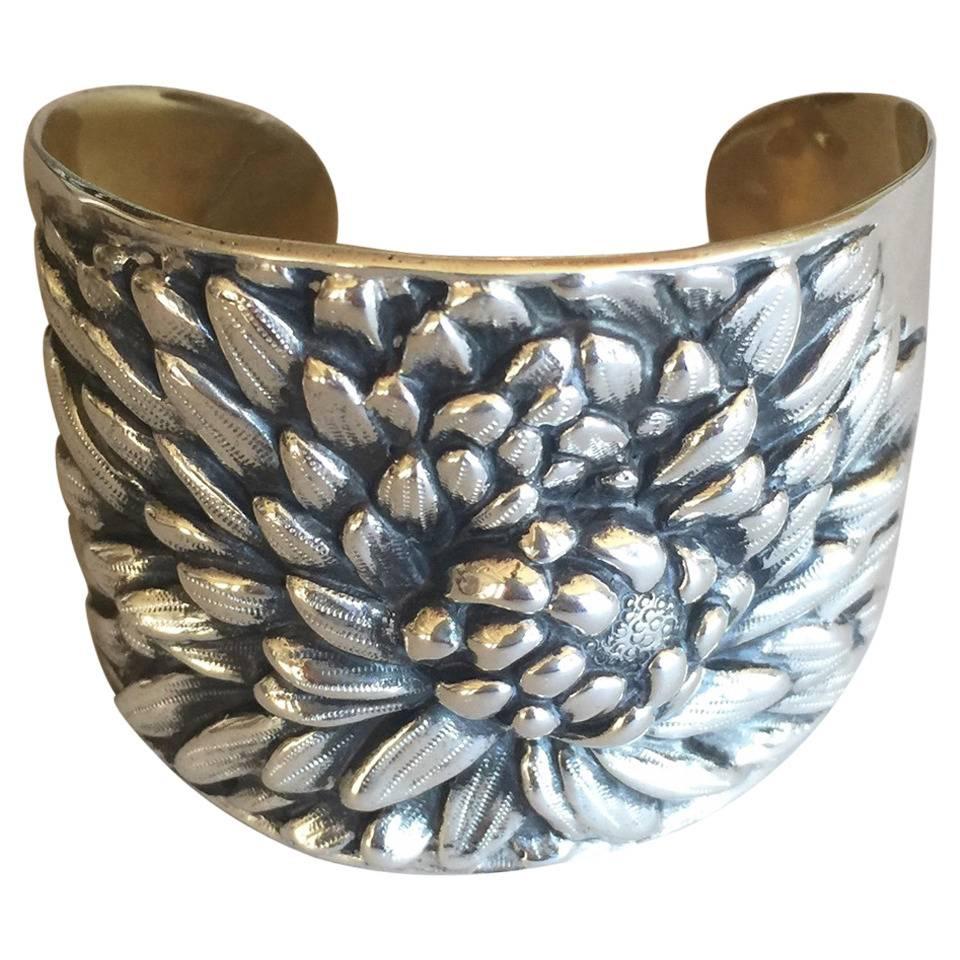 Galmer Sterling Silver Repousse Sunflower Cuff Bracelet