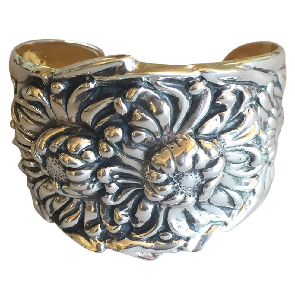 Galmer Sterling Silver Repousse Chrysanthemum Cuff Bracelet at 1stdibs