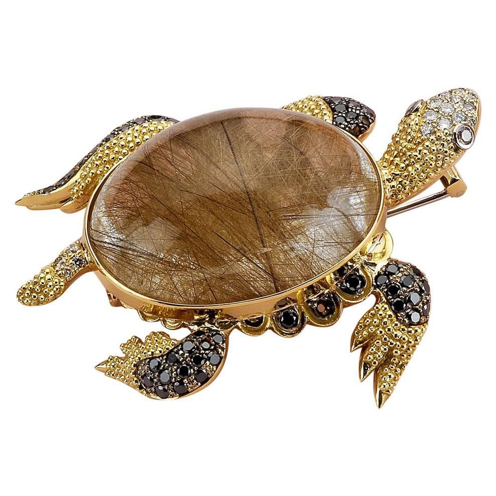 Smoky Quartz Diamond Gold Sea Turtle Pendant Brooch For Sale