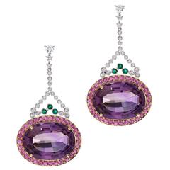 Amethyst Pink Sapphire Emerald Diamond Gold Drop Earrings 6