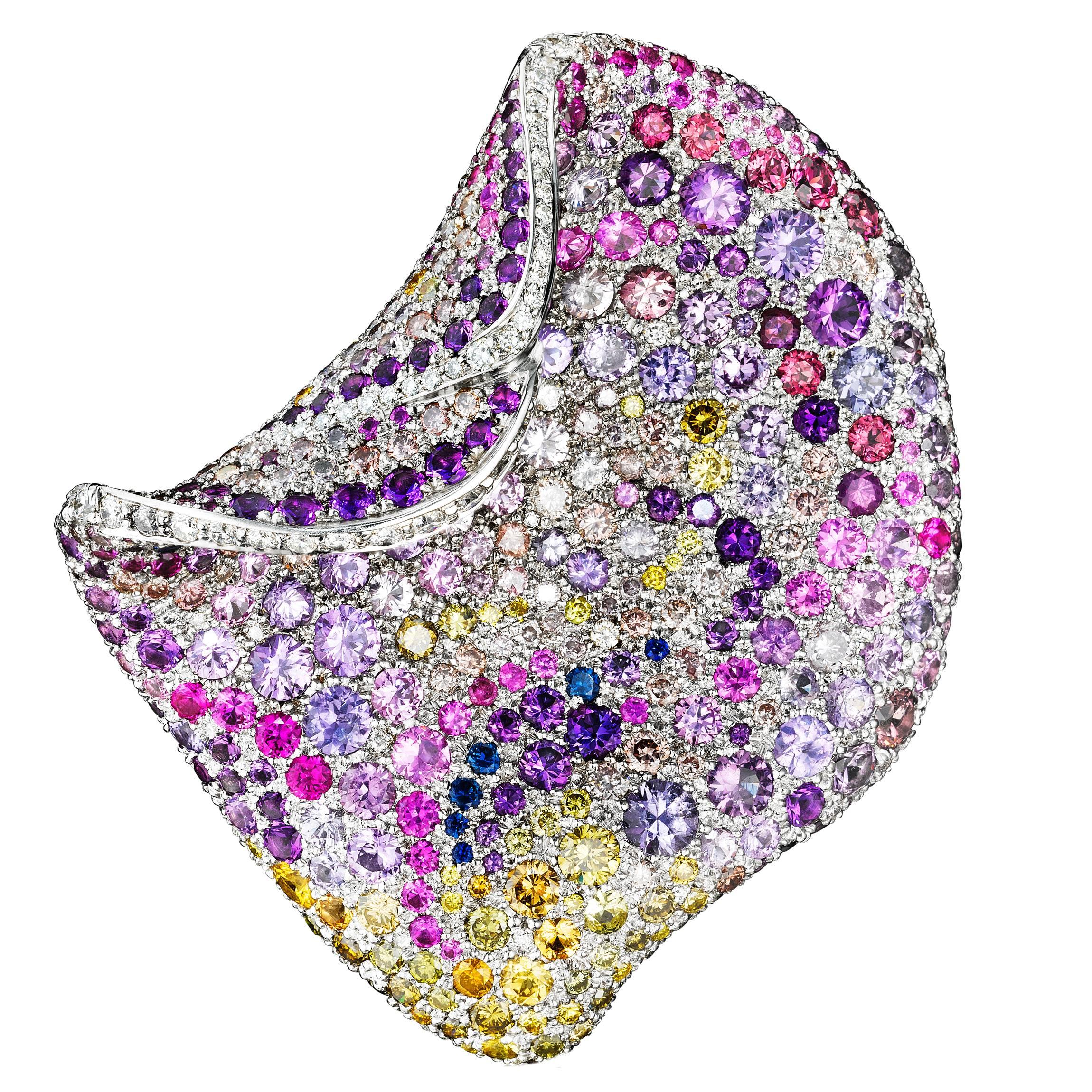 Naomi Sarna Multicolored Sapphire Amethyst Diamond Gold Petal Brooch For Sale