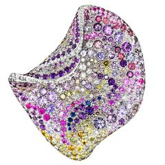 Naomi Sarna Multicolored Sapphire Amethyst Diamond Gold Petal Brooch