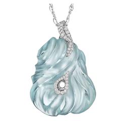 Naomi Sarna Exceptional Hand-Carved Aquamarine Diamond Gold Pendant