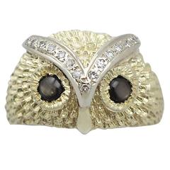 0.42Ct Black Star Sapphire & 0.30Ct Diamond, 18k Yellow Gold 'Owl' Ring