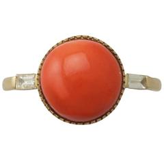Red Coral and 0.12Ct Diamond, 18k Yellow Gold Ring - Vintage Circa 1950