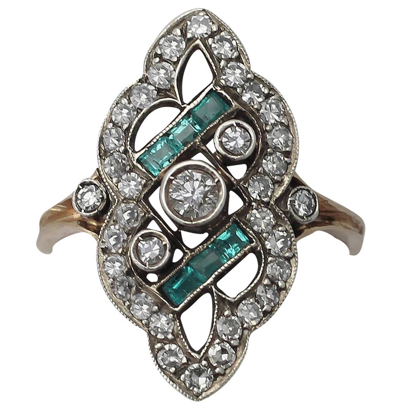 1930s Antique Emerald & Diamond Yellow Gold Cocktail Ring
