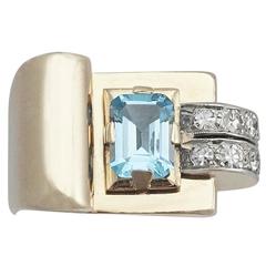1930s 1.45 Carat Aquamarine & Diamond Yellow Gold Cocktail Ring 8