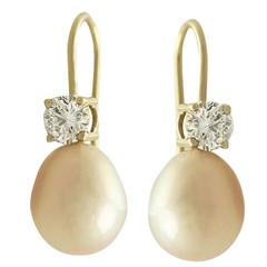Pink Pearl and 0.60 ct Diamond 18k Yellow Gold Drop Earrings