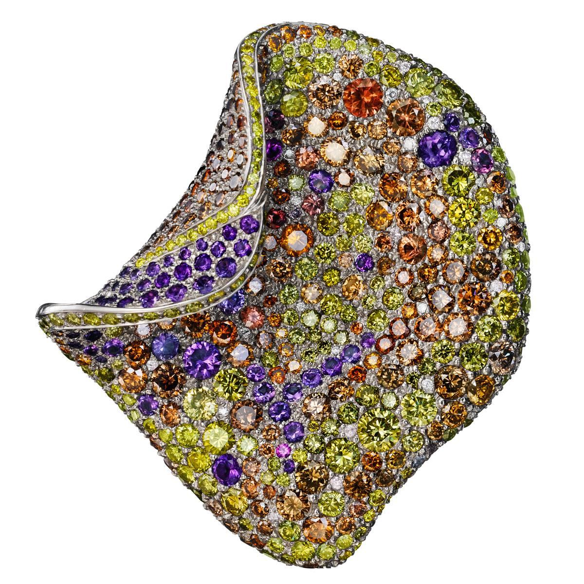 Multicolored Sapphire Diamond Amethyst Gold Petal Brooch For Sale