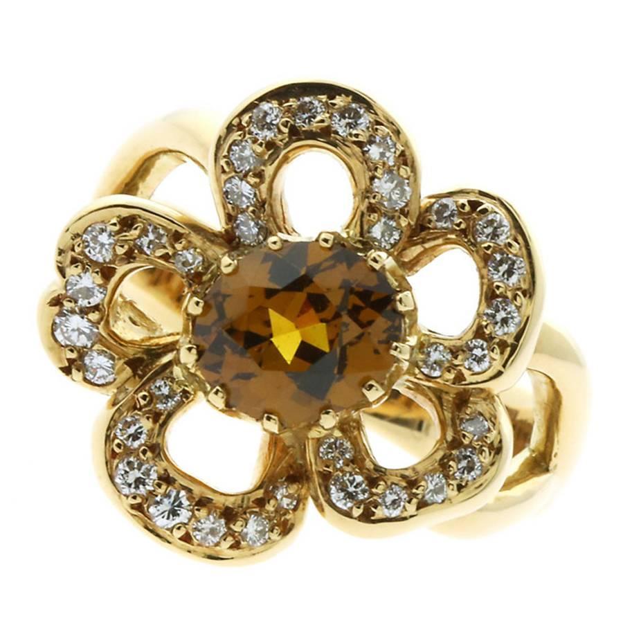 Hermes Citrine Diamond Gold Flower Ring