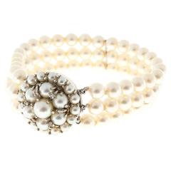 Akoya Cultured Pearl Diamond Gold Three Row Bracelet 2