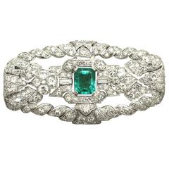 1.98Ct Emerald & 5.22Ct Diamond, Platinum Brooch - Art Deco Style - Antique 7