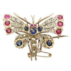 Pearl, Sapphire, Ruby & Diamond, 9k Yellow Gold Butterfly Brooch - Antique 12