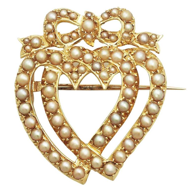 Seed Pearl and 18k Yellow Gold Heart Shaped Brooch Antique Victorian
