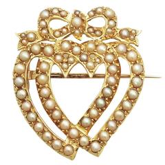 Seed Pearl and 18k Yellow Gold Heart Shaped Brooch - Antique Victorian 7