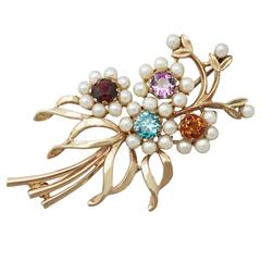 1.28Ct Multi-Gemstone and Pearls, 9k Yellow Gold Brooch - Antique Circa 1920 6