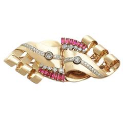 1.55Ct Diamond & Synthetic Ruby, 18k Yellow Gold Brooch - Antique Belgian 7