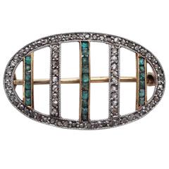 0.22Ct Emerald & 0.39Ct Diamond, 18k Yellow Gold Brooch - Antique Circa 1910 7