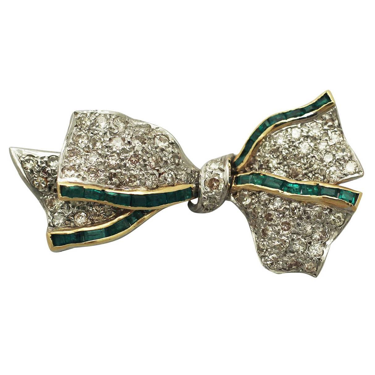 1.31Ct Diamond & 0.52Ct Emerald, 18k White Gold Bow Brooch - Vintage Circa 1940