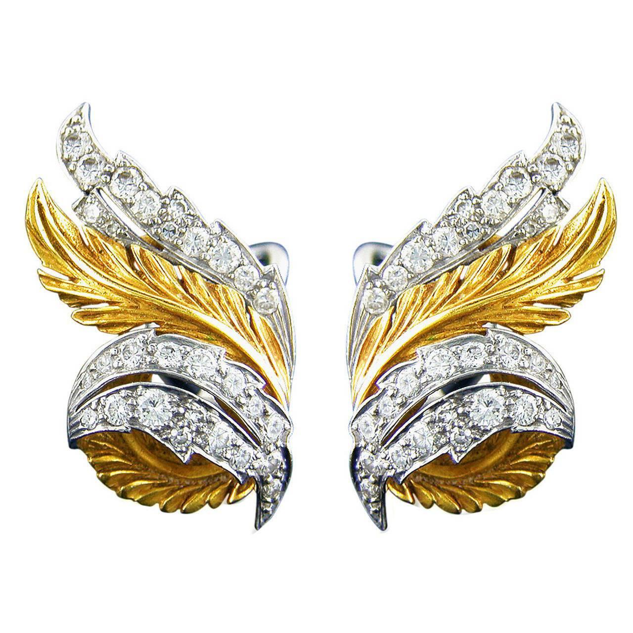 Retro McTeigue Diamond Gold Leaf Earrings For Sale