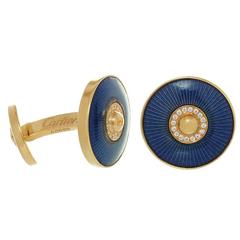 Cartier Sunshade Decor Blue Enamel Diamond Gold Cufflinks Father's Day Gift 