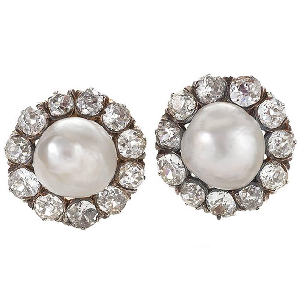 Antique Natural Saltwater Pearl Diamond Cluster Earrings