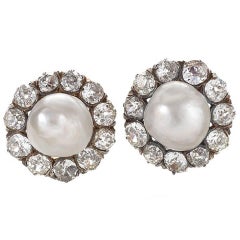 Antique Natural Saltwater Pearl Diamond Cluster Earrings