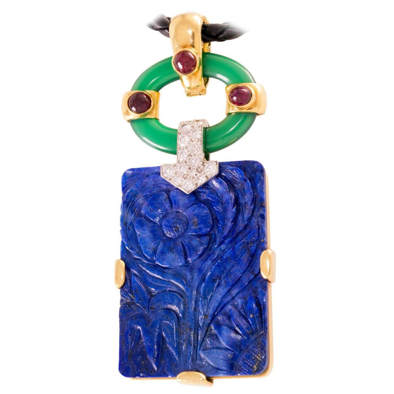 David Webb Lapis Chrysoprase Ruby Diamond Gold Platinum Totem Pendant