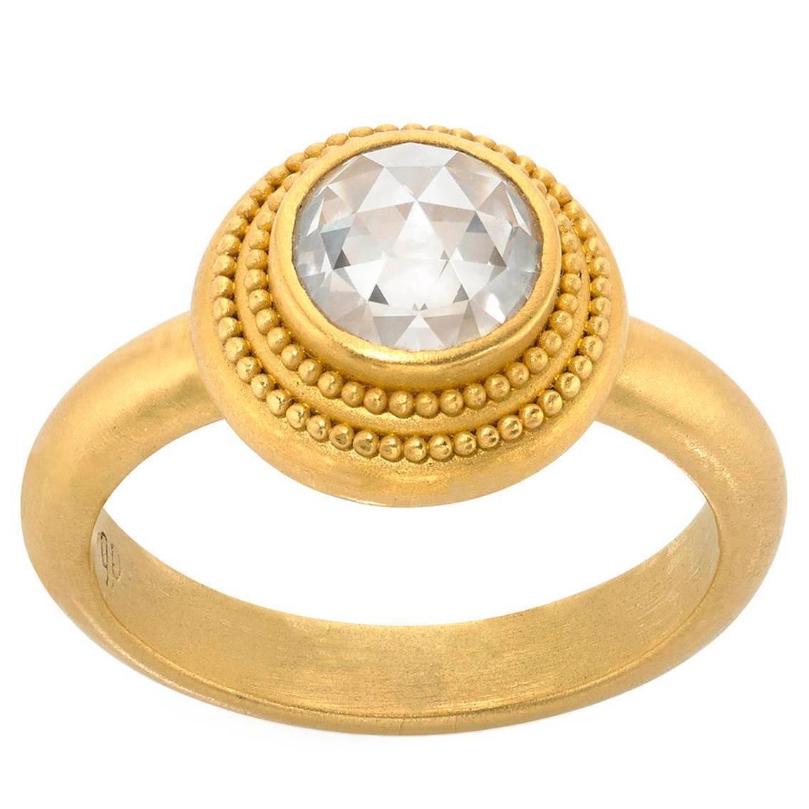 Denise Betesh 1.22 Carat Rose-Cut White Diamond Solitaire Gold Handmade Ring