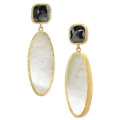 Devta Doolan Reflective White Jade Black Diamond Gold Earrings