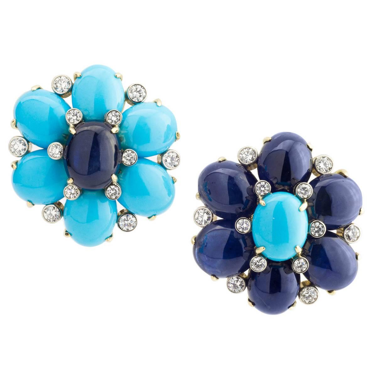 Aletto Turquoise Sapphire Gold Flower Earclips