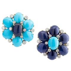 Aletto Turquoise Sapphire Gold Flower Earclips