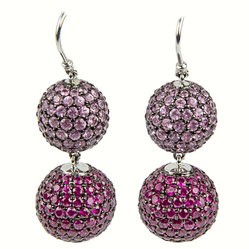 Ruby Pink Sapphire Pavé Gold Ball Drop Earrings For Sale