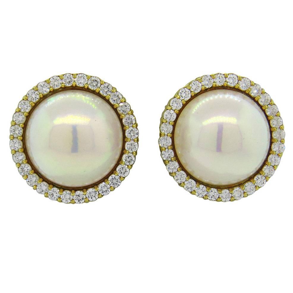 Impressive Large Pearl Diamond Gold Earrings