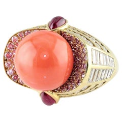 Retro Mauboussin Monture Coral Pink Ruby Diamond Gold Ring