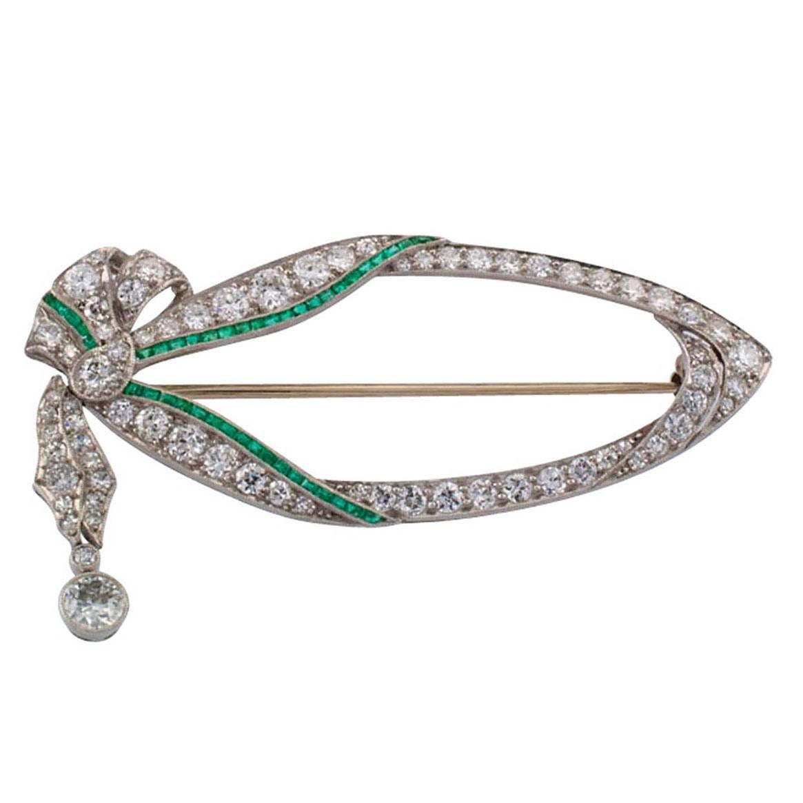 Art Deco Emerald Diamond Platinum Brooch