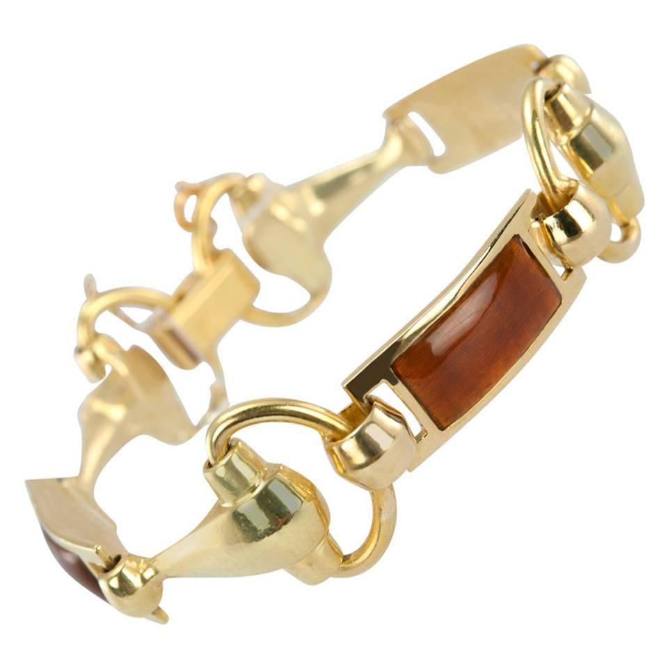 Gucci Brown Enamel Gold Horsebit Bracelet For Sale