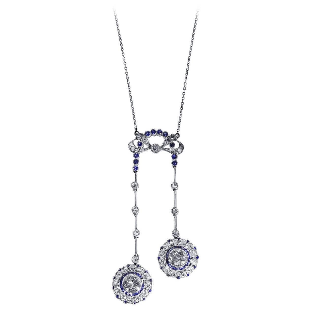 Edwardian Sapphire Diamond Gold Platinum Lavalière Pendant Necklace