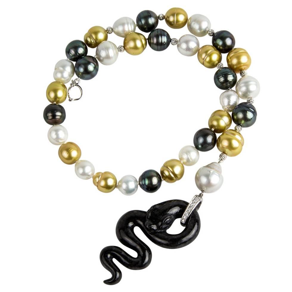 Schwarze Schlangenhalskette aus schwarzer Jade, Perle und Diamant in Gold, Nachlass-Schmuck im Angebot