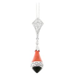 Vintage Coral Onyx Diamond Gold Pendant Necklace