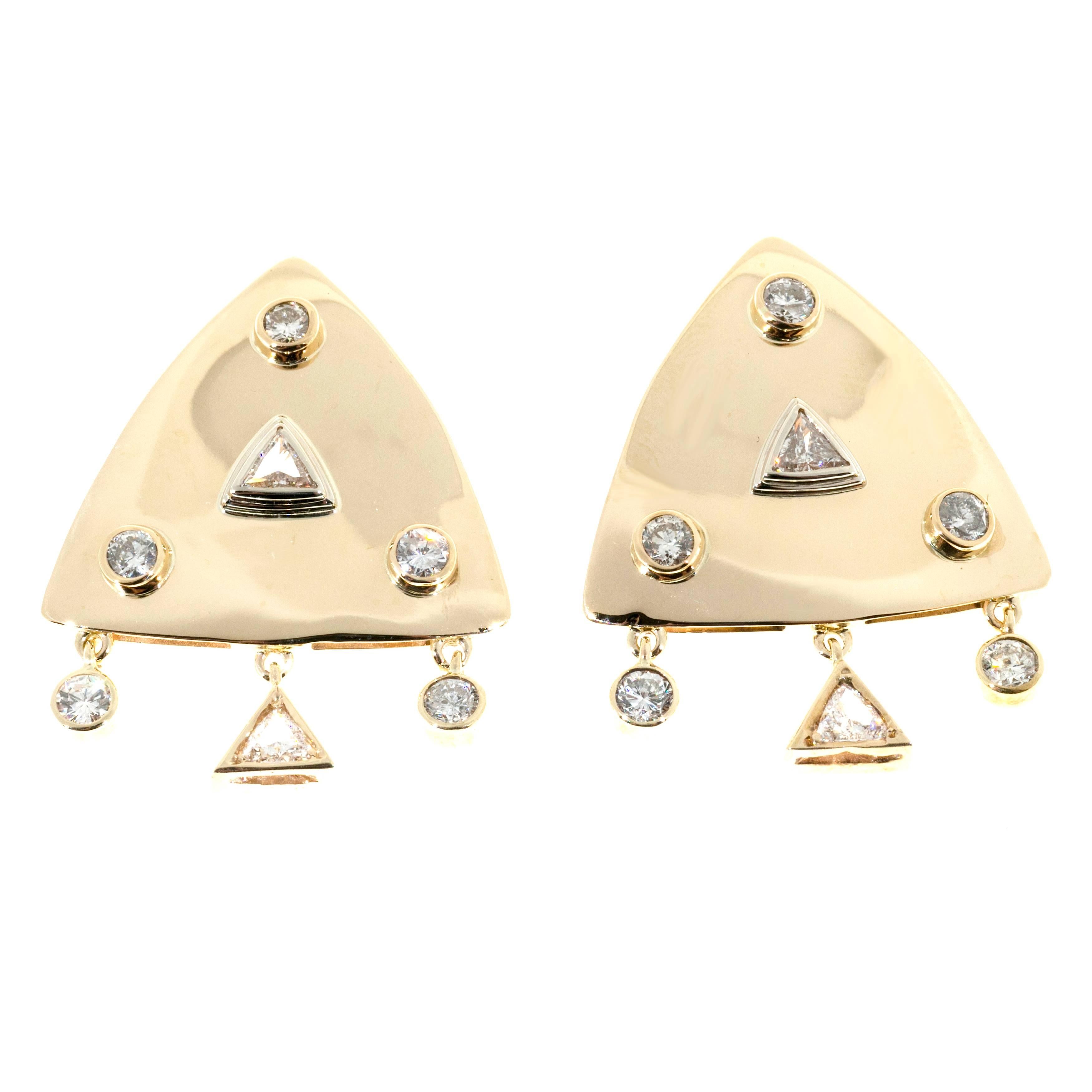 1.65 Carat Diamond Gold Triangular Post Clip Earrings For Sale
