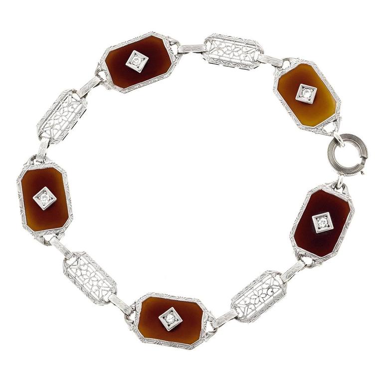Carnelian Diamond Gold Filigree Bracelet For Sale at 1stdibs