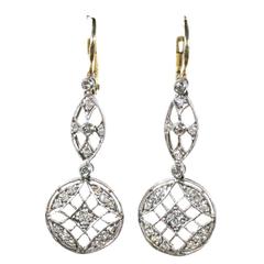 Diamond Platinum Yellow Gold Dangle Earrings 2