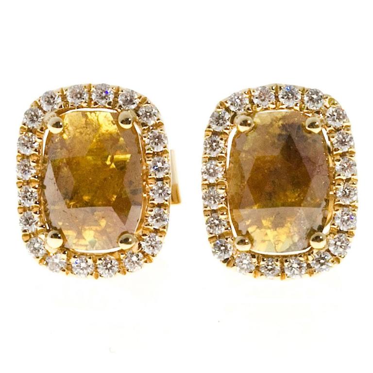 Deep Golden Yellow Diamond Halo Gold Stud Earrings For At 1stdibs Deep Golden Yellow Diamond Halo Gold Stud Earrings For