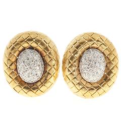 1960s Pave Diamond Gold Oval Button Earrings 