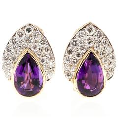 Pear Amethyst Diamond Gold Clip Post Earrings